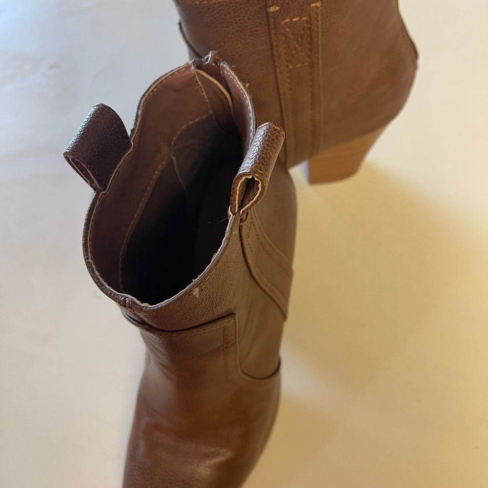 Brown faux leather booties with stacked 2 1/2”” heel. Size 7 1/2. - Picture 2 of 8